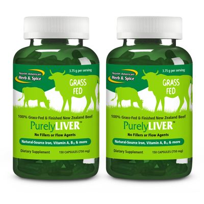 NORTH AMERICAN HERB & SPICE PurelyLiver - 150 Capsules, Pack of 2 - 100% Grass-Fed, Finished New Zealand Beef with Vitamin A, B12 & Iron - 60 Total Servings