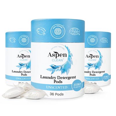 Unscented Laundry Pods by AspenClean, New and Improved Packaging, Zero Plastic, Non-Bio, Vegan, Hypoallergenic Natural Laundry Detergent, EWG Verified - 36 Count (3 Pack)