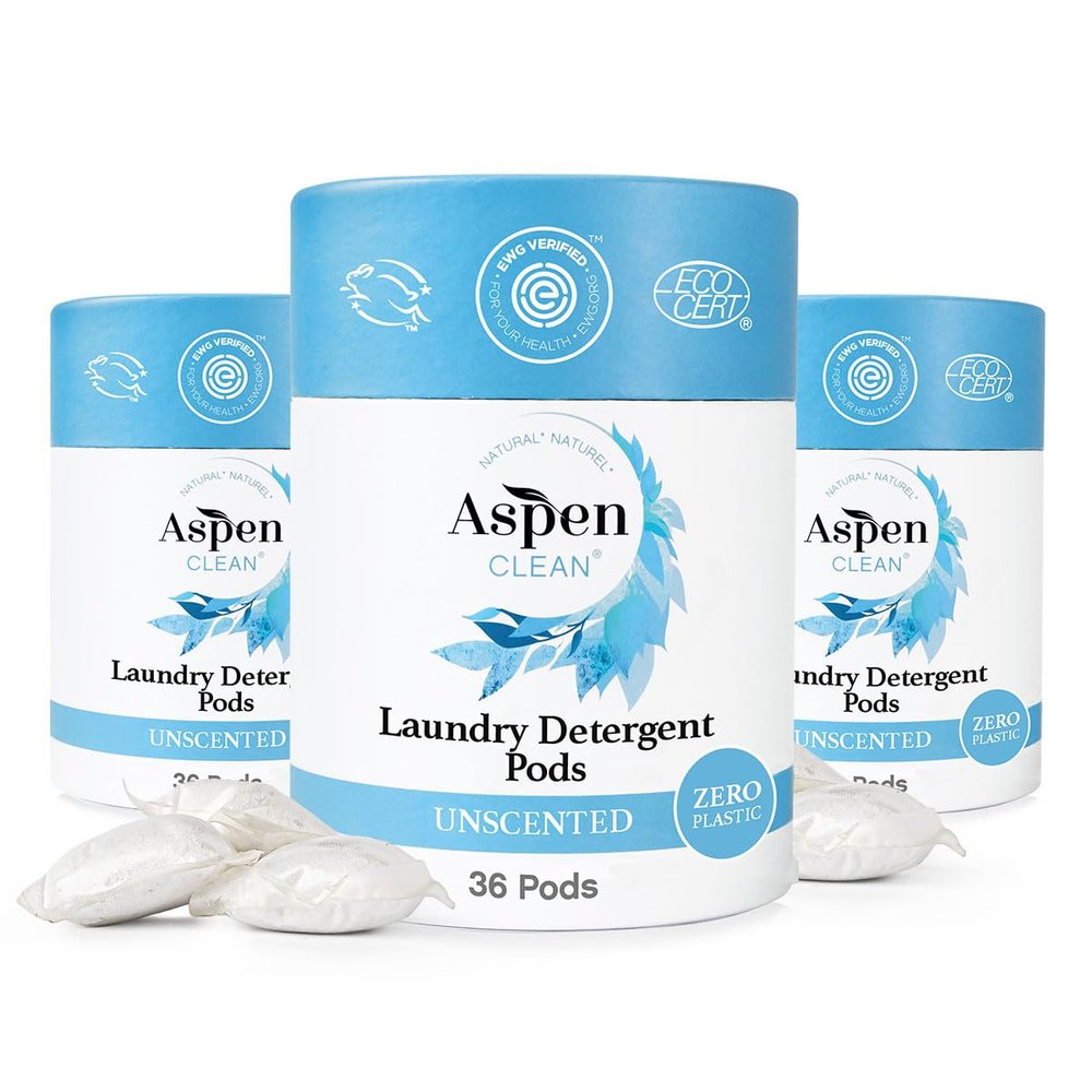 Unscented Laundry Pods by AspenClean, New and Improved Packaging, Zero Plastic, Non-Bio, Vegan, Hypoallergenic Natural Laundry Detergent, EWG Verified - 36 Count (3 Pack)
