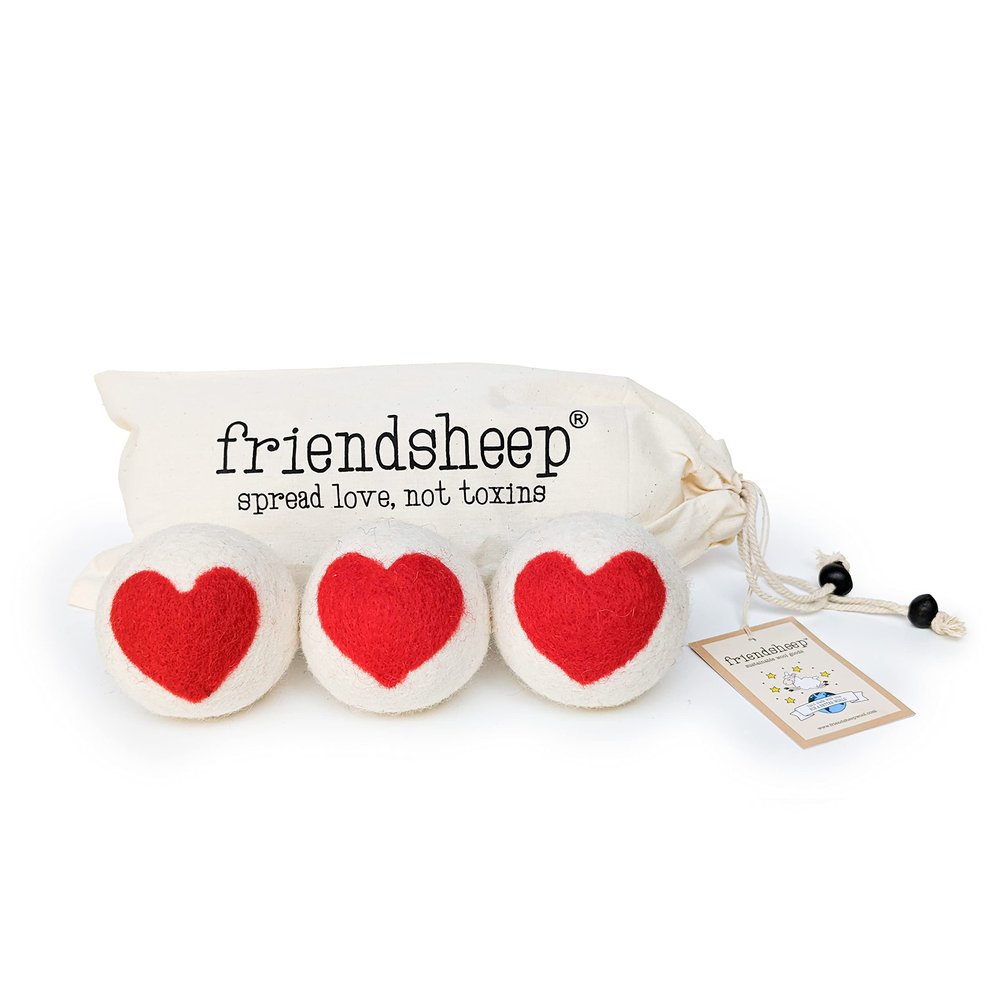 Friendsheep Wool Dryer Balls, Organic Reusable Fabric Softener Alternative for Laundry, Handmade, Fair Trade, Hypoallergenic, Eco-Friendly, Plastic-Free (3 Pack XL Red Heart )