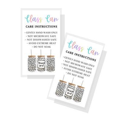 Libby Glass Can Care Instruction Cards | 50 pk | for Frosted Glass for Sublimation with Bamboo Lids 16 oz. SVG Wrap Care Instructions Packaging Client Cards Leopard