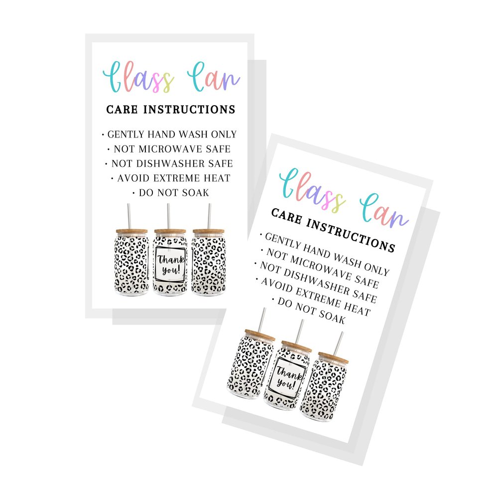 Libby Glass Can Care Instruction Cards | 50 pk | for Frosted Glass for Sublimation with Bamboo Lids 16 oz. SVG Wrap Care Instructions Packaging Client Cards Leopard