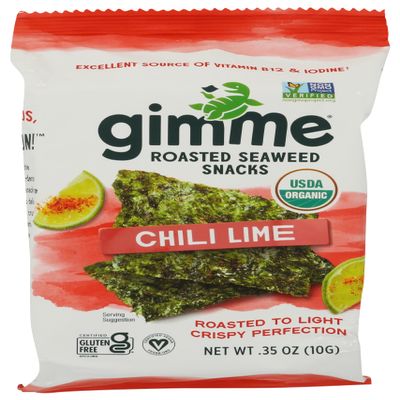 Gimme Seaweed Organic Premium Roasted Seaweed Snacks, Chili Lime, 10g Sharing Pack (Single) Keto, Vegan, Gluten-Free, Great Source of Omega3s and Iodine, Healthy On-The-Go Snack for Kids and Adults