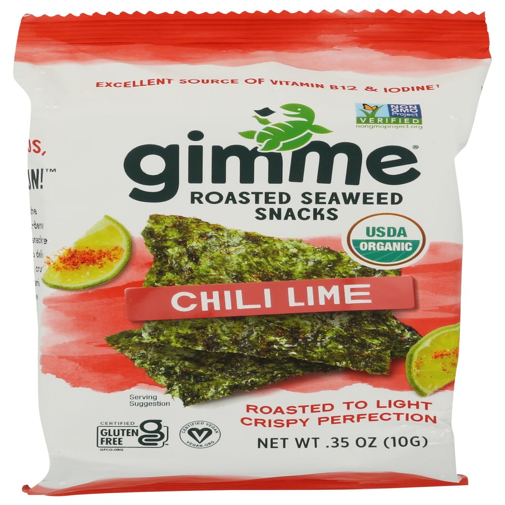 Gimme Seaweed Organic Premium Roasted Seaweed Snacks, Chili Lime, 10g Sharing Pack (Single) Keto, Vegan, Gluten-Free, Great Source of Omega3s and Iodine, Healthy On-The-Go Snack for Kids and Adults