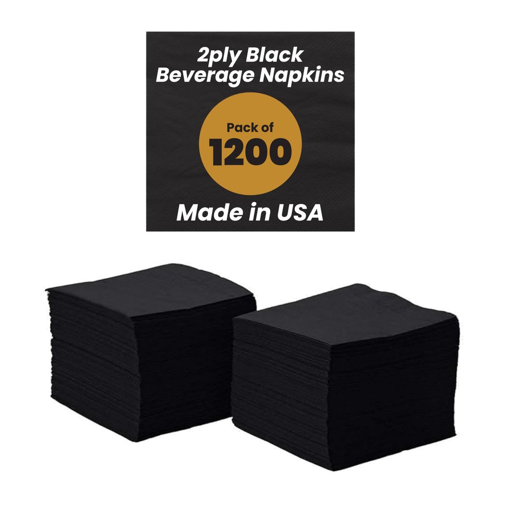 Perfectware 2ply Black Beverage Napkins. 1200 Count 2Ply Cocktail Black Napkins. 10 x 10 Black Beverage Napkin. Pack is 4 Packs of 300 Count. Total 1200 Napkins