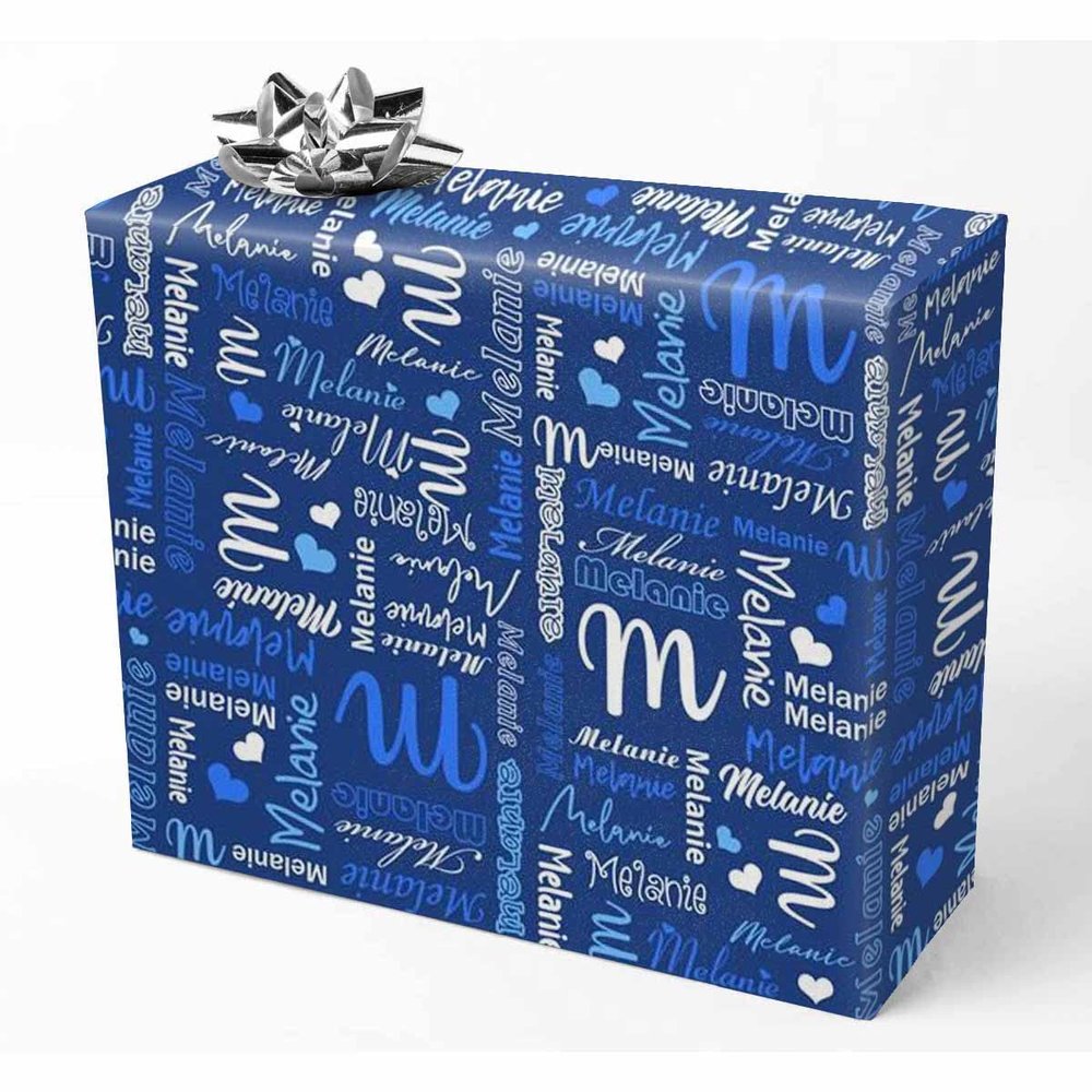 InterestPrint Custom Name Wrapping Paper White Blue Text Hearts Blue Customized Recycled Gift Wrapping Paper for Daughter Son Wrap Paper on Baby Shower Holiday Christmas Graduation