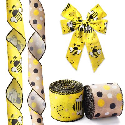 Hying 2 Rolls Spring Bee Ribbons Wired for Wreath Bows Wrapping Gifts, Bumblebees Ribbon for Gift Wrapping Birthday Party Decoration DIY Crafts, 2.5" X 10 Yards Yellow Burlap Dots Wired Edge Ribbon