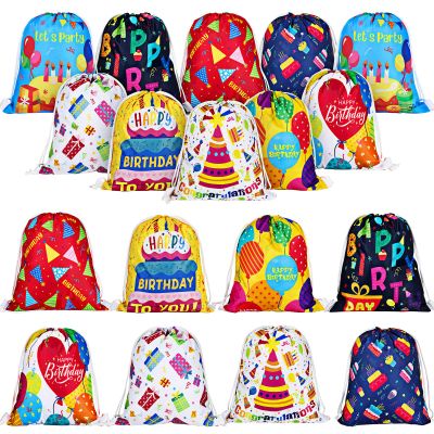 Sweetude 18 Pcs Happy Birthday Gift Bag Birthday Party Drawstring Canvas Backpack 11.81 x 9.84 Inch Reusable Gym Sports Return Gift String Backpack for Men Women Kids, 9 Designs
