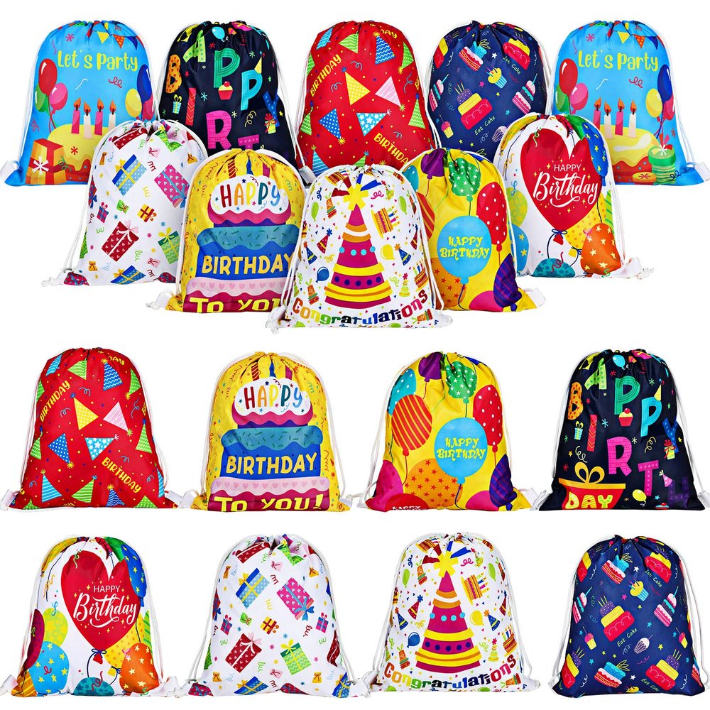 Sweetude 18 Pcs Happy Birthday Gift Bag Birthday Party Drawstring Canvas Backpack 11.81 x 9.84 Inch Reusable Gym Sports Return Gift String Backpack for Men Women Kids, 9 Designs