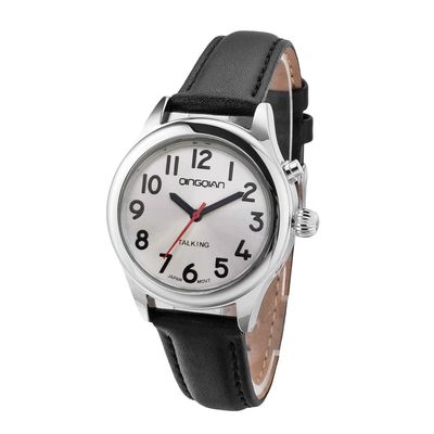 QINGQIAN English Voice Talking Watch for Blind,Visually impaired or Elderly,Silver Alloy Shell, Black Leather Watch Strap