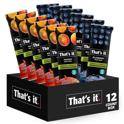 That's it. Probiotic Fruit Bar Variety Pack, Mango & Blueberry Flavors, Just Real Fruit + Probiotics, 100 Calories Per Bar, All Natural, 2-3 Ingredients, Shelf Stable, Allergy-Friendly (12 Count)
