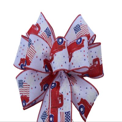 1 Pcs 10" Hand Made Wired Red Truck Fireworks White Bow Flag Patriotic American