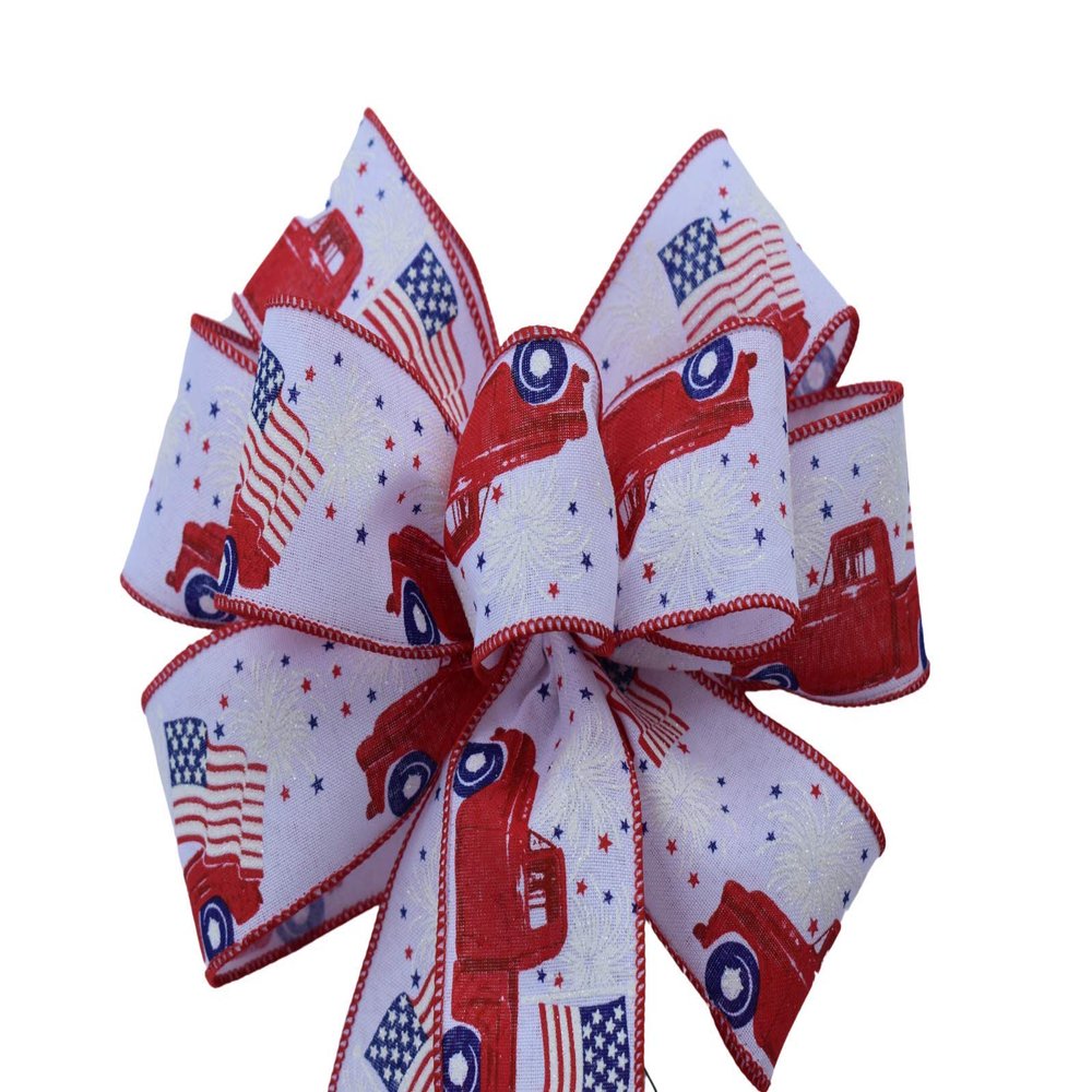 1 Pcs 10" Hand Made Wired Red Truck Fireworks White Bow Flag Patriotic American