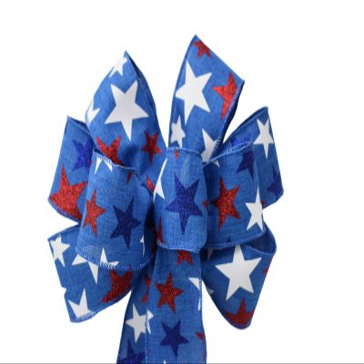 1 Pcs 10" Hand Made Wired Red White Glitter Stars on Blue Bow Flag Patriotic American