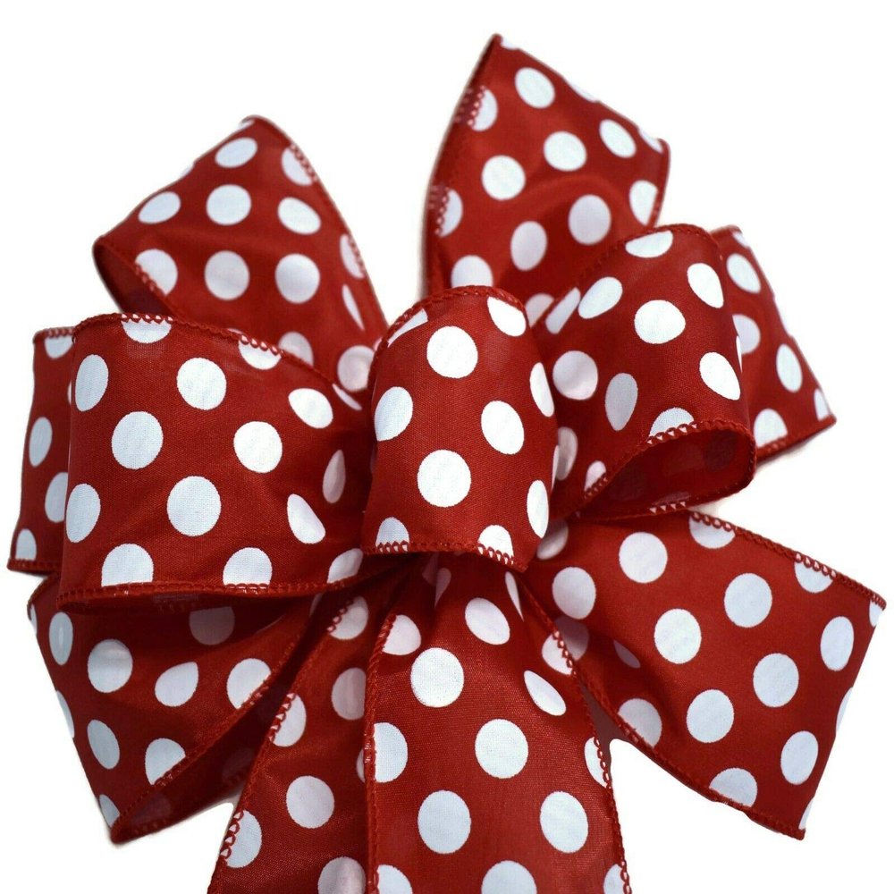 1 Pcs 10" Hand Made Wired Red and White Dots Bow Valentine Day Love Patriotic