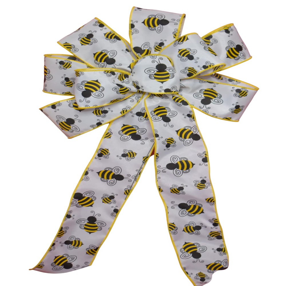 1 Pcs 10" Hand Made Wired Yellow Honey Bee on White Wreath Bow Summer Natural Animal