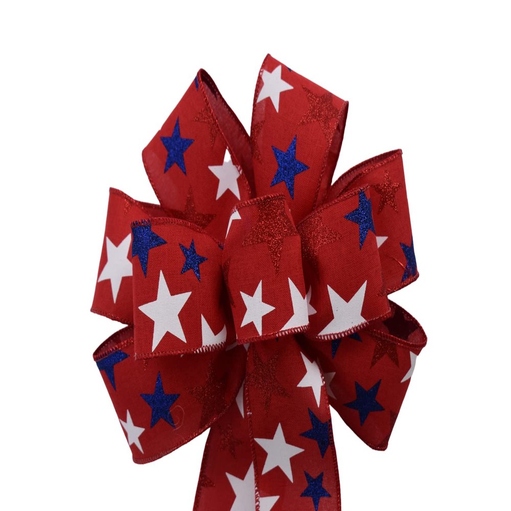 1 Pcs 10" Hand Made Wired Red Blue Glitter Stars on Red Bow Flag Patriotic American