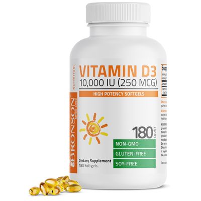 Bronson Vitamin D3 10,000 IU (250 mcg) High Potency - Supports Healthy Immune System, Strong Bones, Muscles & Teeth - Non GMO, 180 Softgels