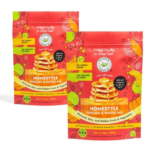 Hidden Foods Homestyle Pancake Mix and Waffle Mix | Thick & Fluffy Pancake with Oats, Flaxseed & Hidden Fruits & Veggies | Rich in Protein, Fiber and Vitamins | Breakfast Meal Just Add Water - 2 Pack