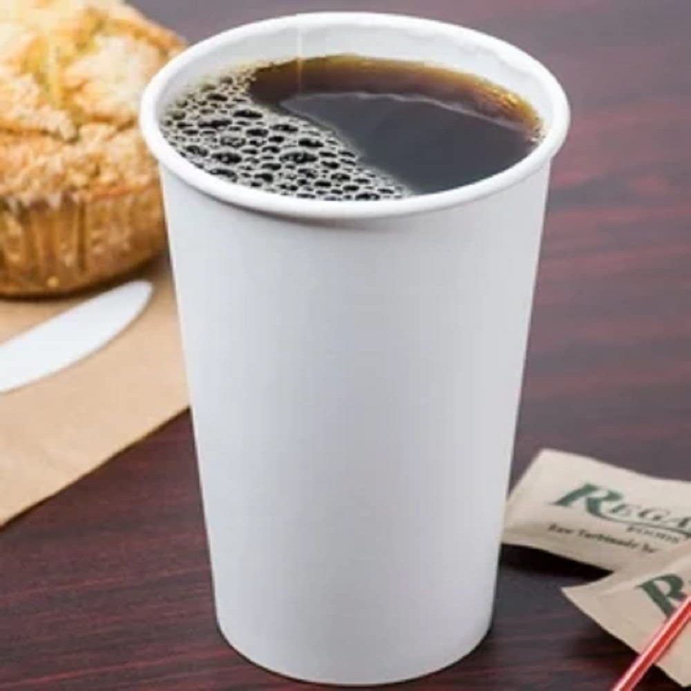 VeZee 16 Oz Disposable White Poly Paper Durable Hot Cup with Flat Tear-Back White Hot Cup Lid For Hot/Cold Drink, Coffee Cups, Tea, Cocoa, Travel, Hot Chocolate, Chai, Latte & Hot Soup|500CT