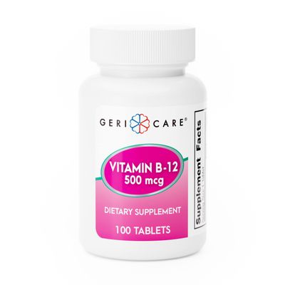 GeriCare Vitamin B-12 500mcg Tablets, Premium Dietary Supplement for Boosting Energy, Supporting Brain Health, and Maintaining a Healthy Nervous System 100 Count (Pack of 1)