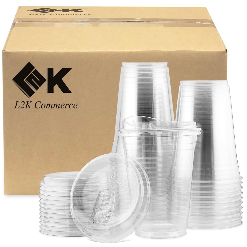 [100 Sets] 16 oz Clear Coffee Cups with Strawless Sip Lid, Clear Plastic, Disposable Cups with Lids, Iced Coffee Cup (100 Cups with 100 Lids)