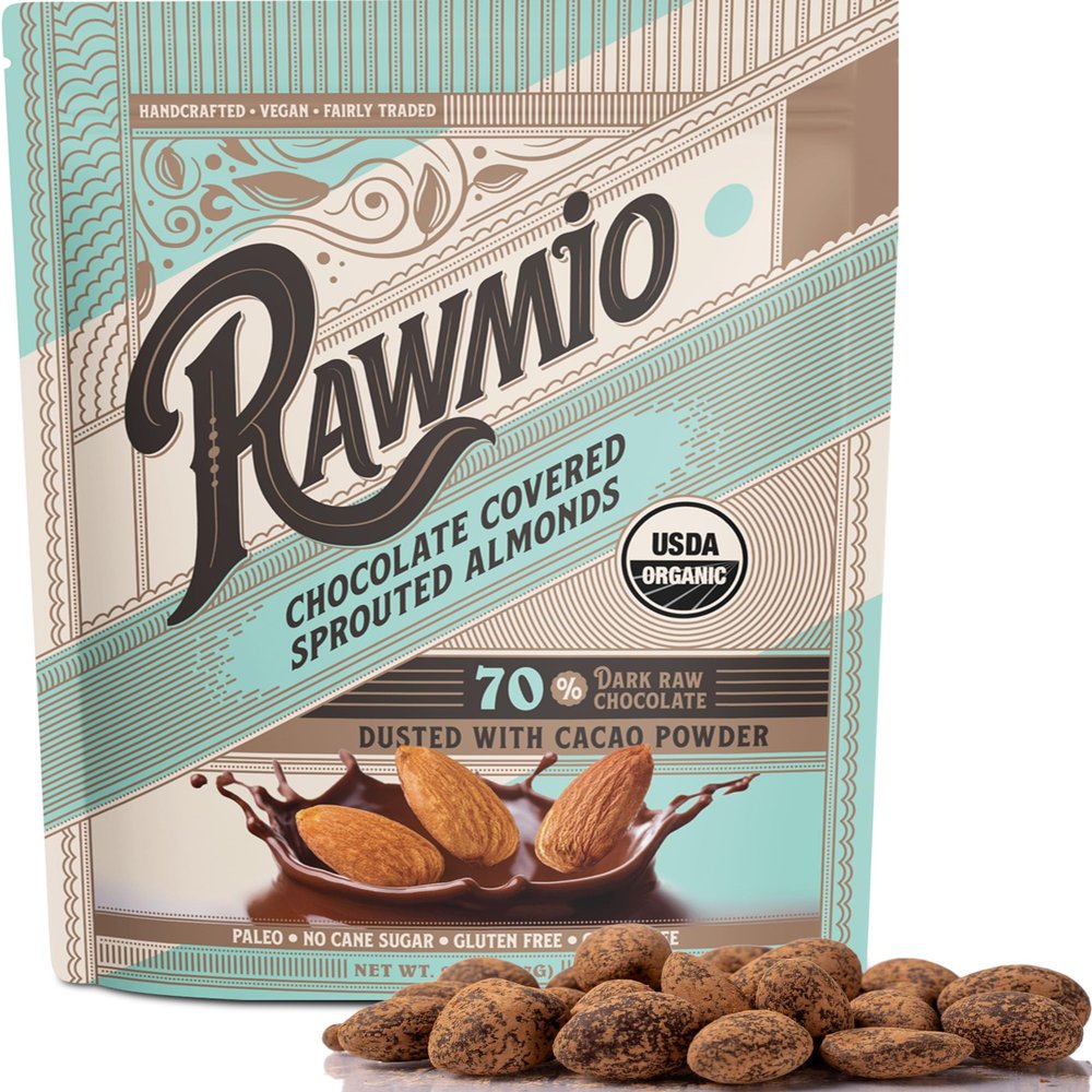 Rawmio Chocolate Covered Sprouted Almonds - Crunchy & Tasty Chocolate Covered Almonds with Dietary Fiber, Iron, & Calcium - Easy to Digest for Snacking or Baking - 2 oz, Pack of 1