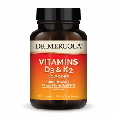 Dr. Mercola Vitamins D3 & K2 Low Dose - Maintain Vitamin D Levels - Supports Immune & Bone Health - MenaQ7 Chickpea-Sourced K2 - Non-GMO, Gluten-Free & Soy-Free - 30 Capsules (30 Servings)