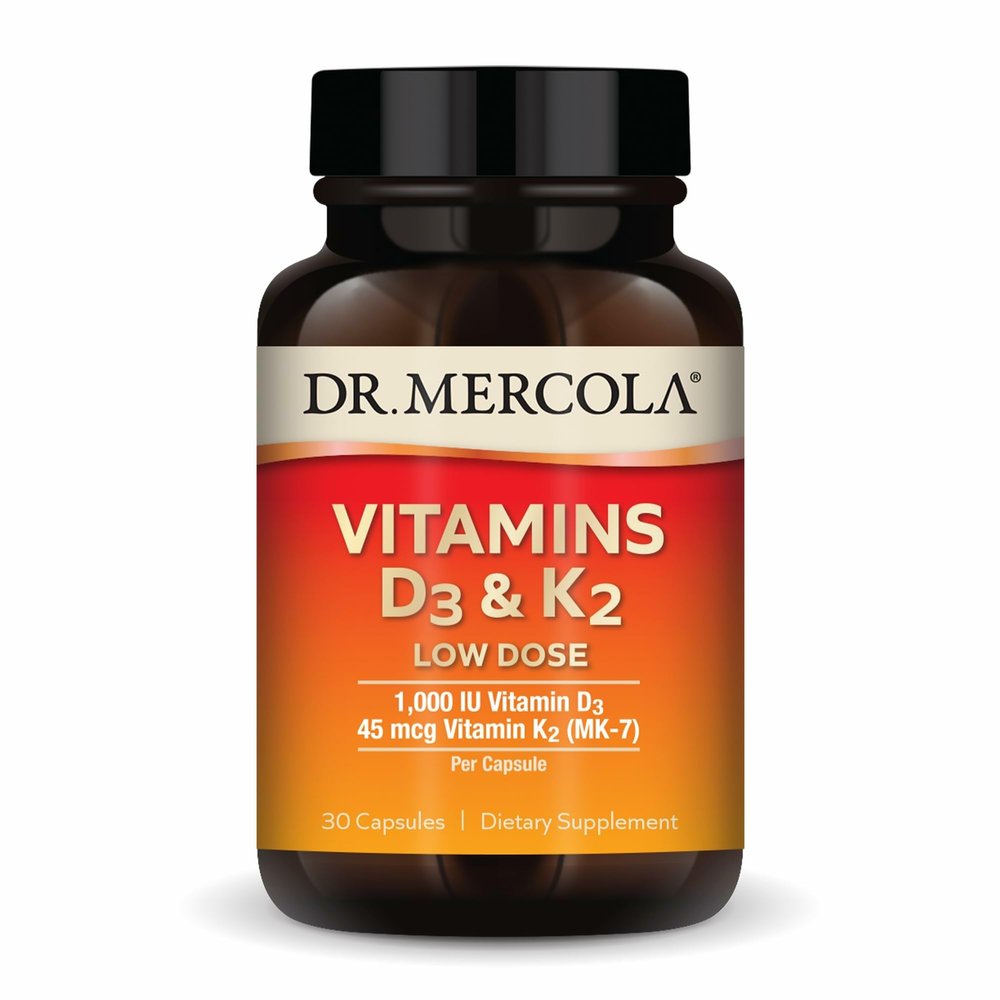 Dr. Mercola Vitamins D3 & K2 Low Dose - Maintain Vitamin D Levels - Supports Immune & Bone Health - MenaQ7 Chickpea-Sourced K2 - Non-GMO, Gluten-Free & Soy-Free - 30 Capsules (30 Servings)