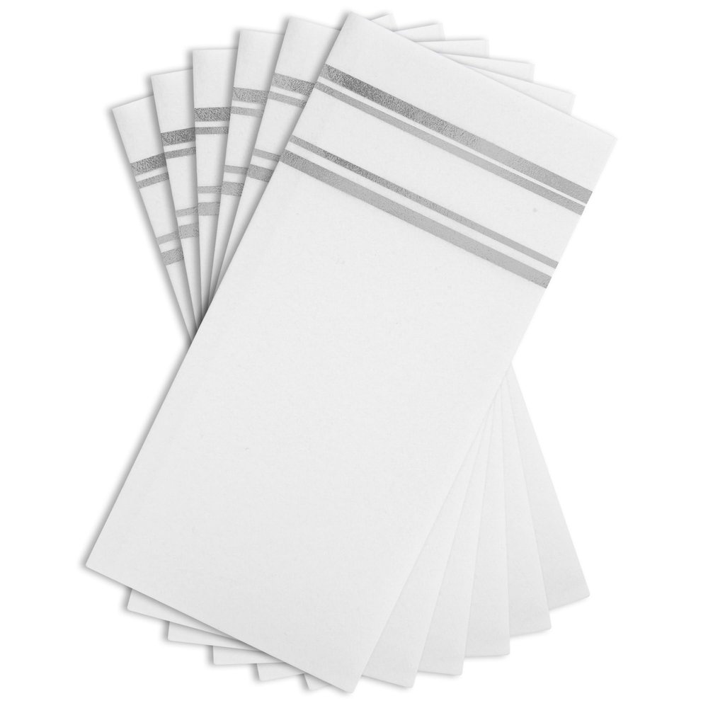 Fanxyware Shiny Silver on White Disposable Dinner Napkins, Feels Like Linen, Soft Fluff Pulp Paper - 50 Pack, 8.5" x 4" - Style Name: Parallel Shine