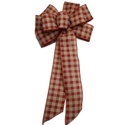 1 Pcs 10" Hand Made Wired Red Natural Gingham Check Wreath Bow Country Rustic Burlap