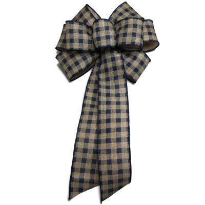 1 Pcs 10" Hand Made Wired Navy Blue Natural Gingham Check Wreath Bow Country Burlap