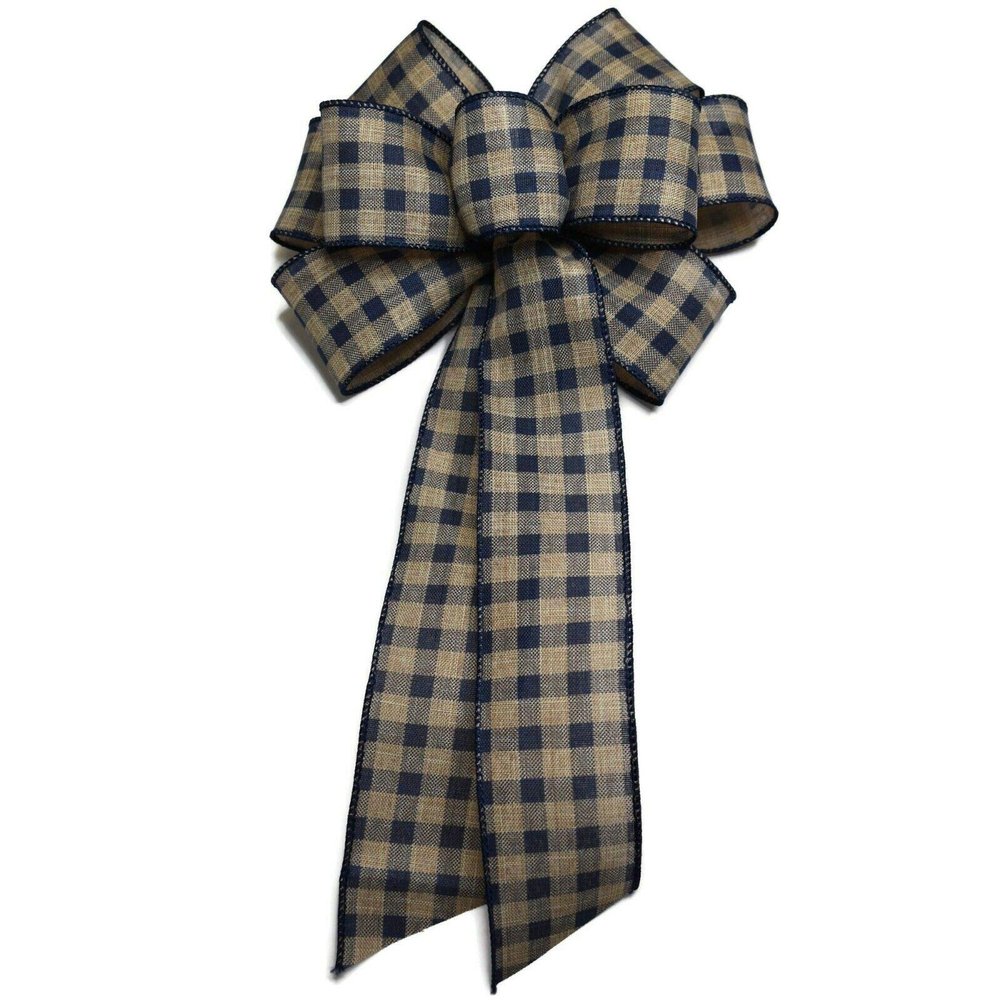 1 Pcs 10" Hand Made Wired Navy Blue Natural Gingham Check Wreath Bow Country Burlap