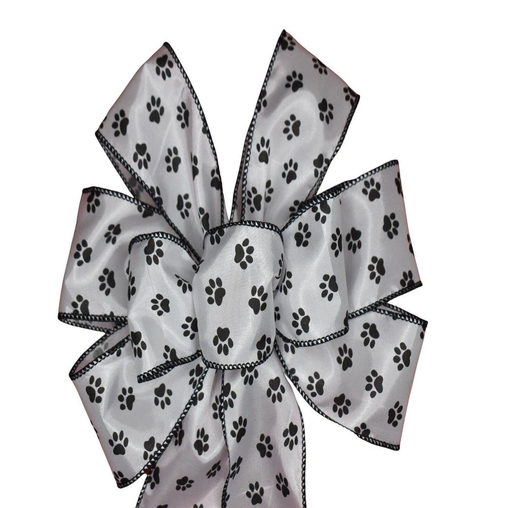 1 Pcs 10" Black Paw Prints on White Satin Ribbon Wired Wreath Bow Dog Pet