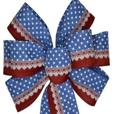 1 Pcs 10" Hand Made Patriotic Wired Wreath Bow Lace Linen Red White Blue July 4