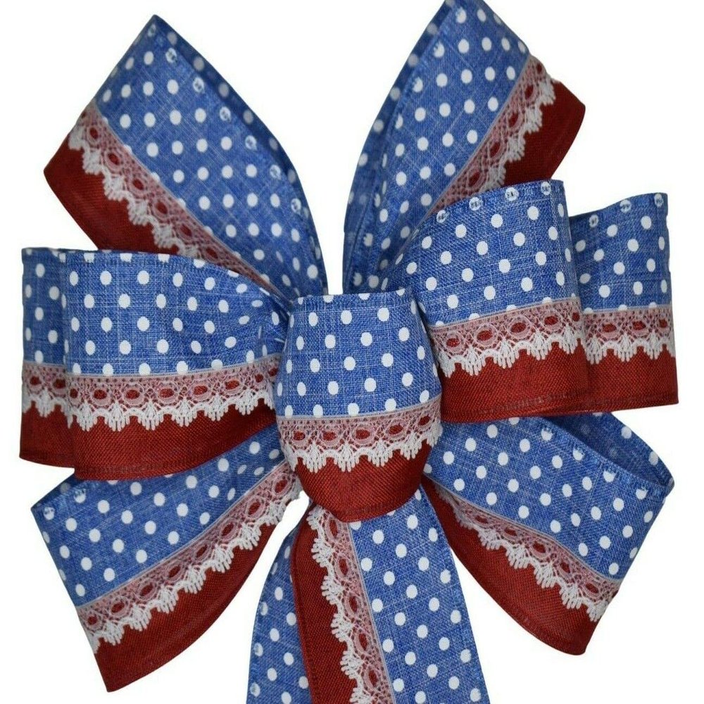1 Pcs 10" Hand Made Patriotic Wired Wreath Bow Lace Linen Red White Blue July 4
