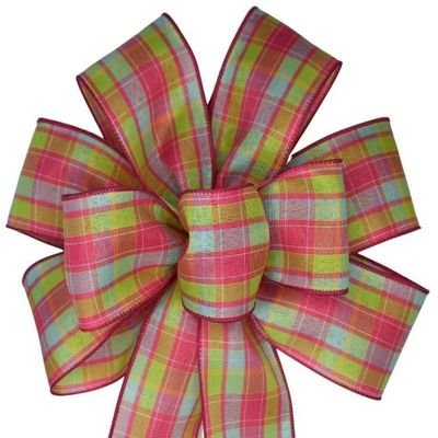 1 Pcs 10" Hand Made Pink Green Purple Plaid Spring Wired Wreath Bow Easter