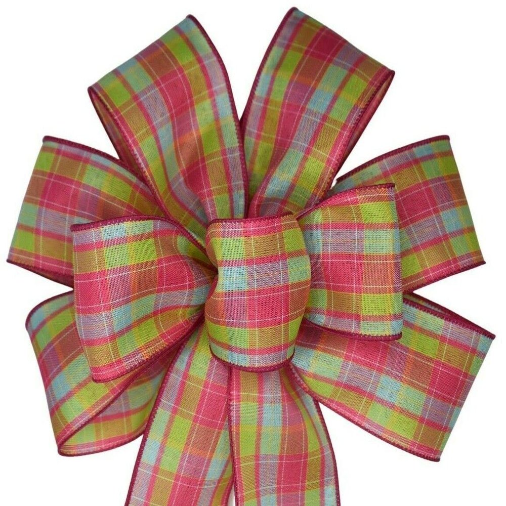 1 Pcs 10" Hand Made Pink Green Purple Plaid Spring Wired Wreath Bow Easter