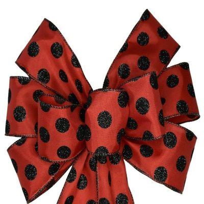 1 Pcs 10" Hand Made Red with Black Dots on Satin Wired Wreath Bow Valentine Day Love