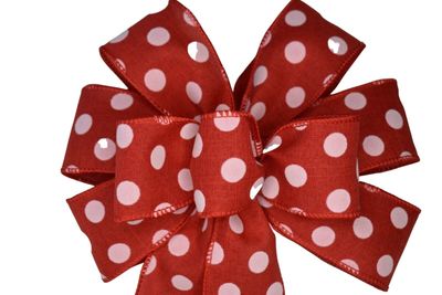 1 Pcs 10" Hand Made Red and White Dots on Linen Wired Wreath Bow Valentine Day Love