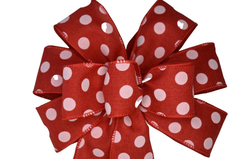 1 Pcs 10" Hand Made Red and White Dots on Linen Wired Wreath Bow Valentine Day Love