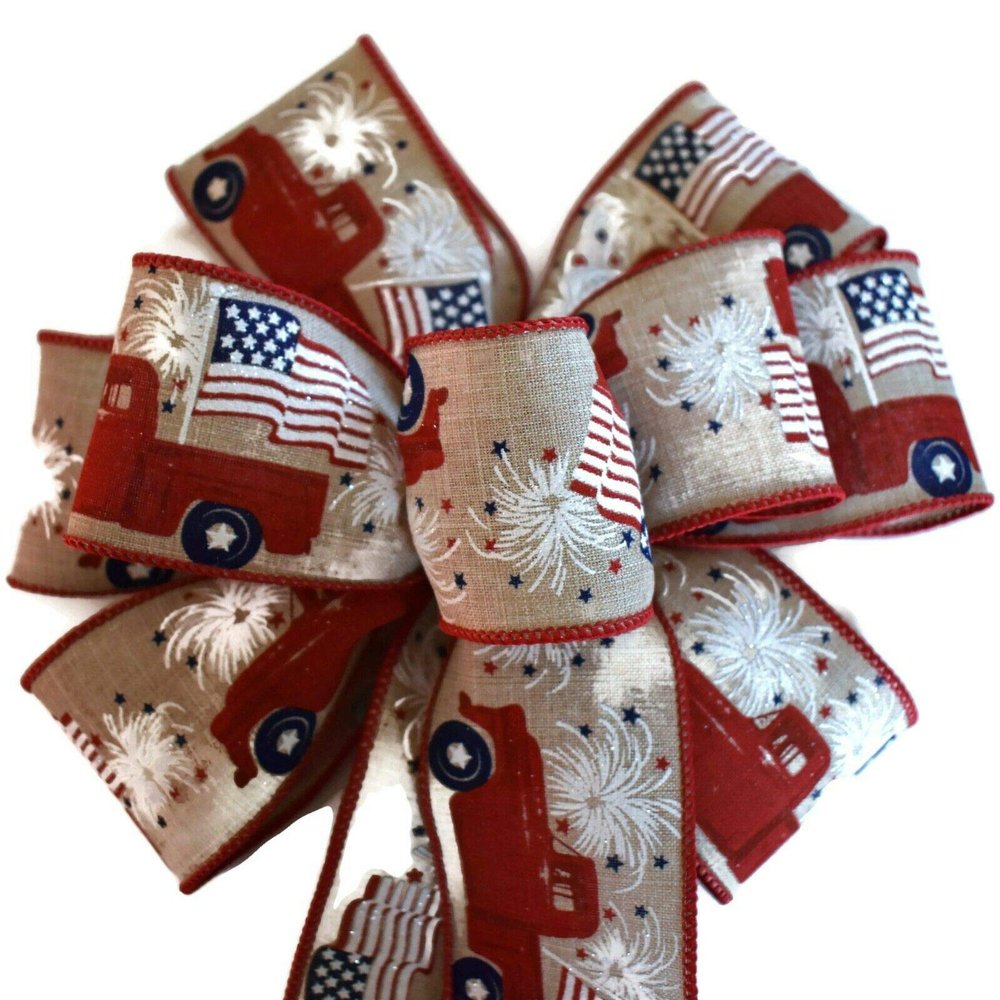 1 Pcs 10" Hand Made Wired Red Truck Fireworks Natural Bow Flag Patriotic American