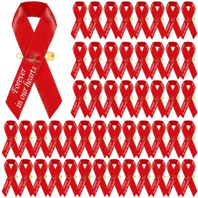 50 Pcs Classic Memorial Ribbon Bow with Safety Pins for Mourning, Remembrance Day & Funeral Event (Red)