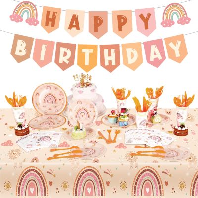 Buryeah 212 Pcs Rainbow Birthday Decoration Rainbow Party Supplies Includes Happy Birthday Banner Pastel Paper Plates Tablecloth Cups Napkins Cutlery Fork Spoon Knife for 30 Guests(Boho Style)