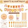 Buryeah 212 Pcs Rainbow Birthday Decoration Rainbow Party Supplies Includes Happy Birthday Banner Pastel Paper Plates Tablecloth Cups Napkins Cutlery Fork Spoon Knife for 30 Guests(Boho Style) view 2