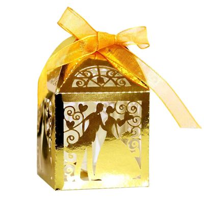 50 Pack Wedding Favor Boxes, Hollow Couple Pattern Wedding Party Favor Boxes with Ribbons, Small Paper Gift Boxes Lace Candy Boxes for Wedding Baby Shower Birthday Party, 2 x 2 x 3 Inch