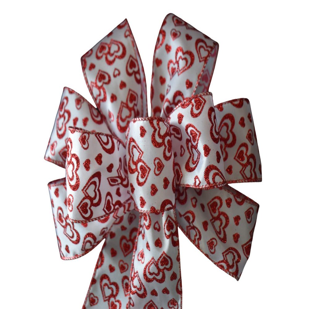 1 Pcs 10" Hand Made Wired Red Hearts on White Bow Valentine Day Love Anniversary