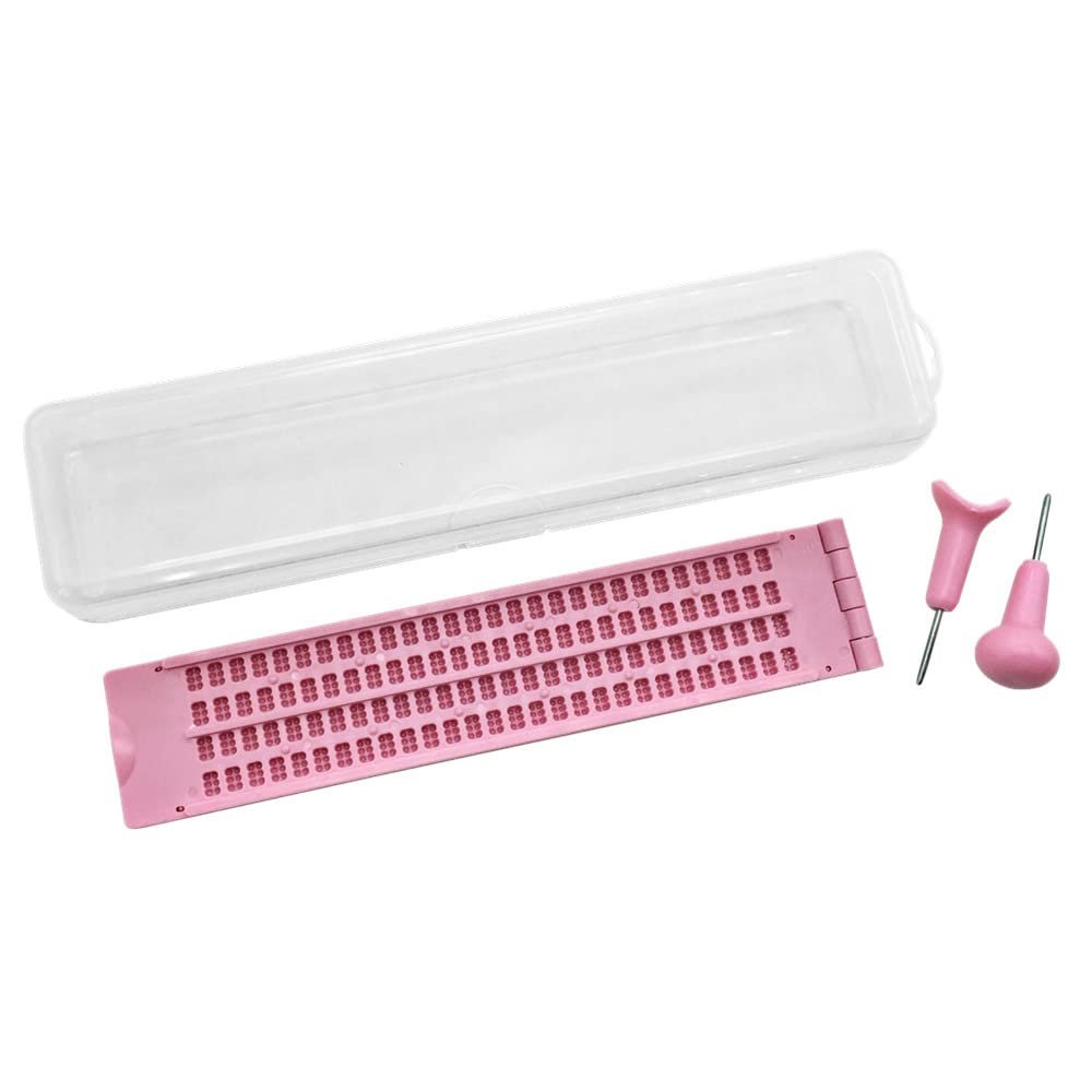4 Lines 28 Cells Braille Writing Slate with 2 pcs Styluses, Braille Slate Kit with Plastic Box, Pink