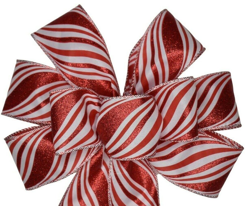 1 Pcs 10" Hand Made Red White Glitter Swirl Wired Wreath Bow Christmas Holiday