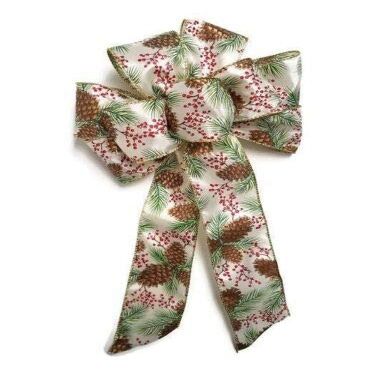 1 Pcs 10" Hand Made Pine Cone Berry Christmas Bow Wreath Outdoor Wired Bow Holiday
